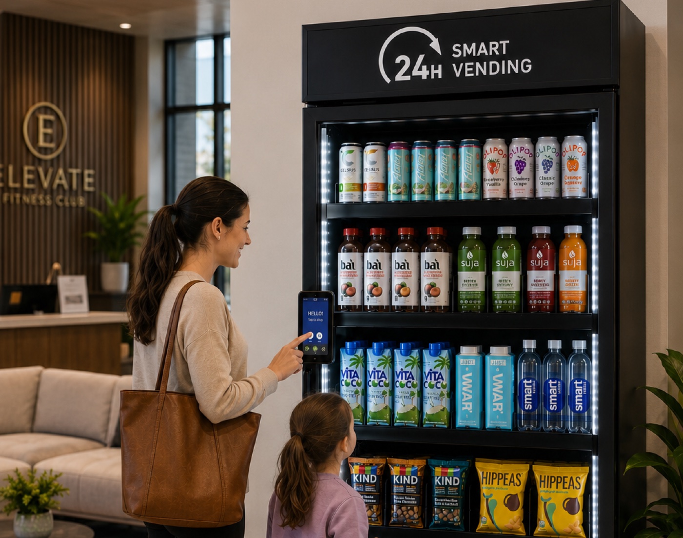 A parent and child using a Carroll Family Vending smart cooler stocked with better-for-you drinks and snacks