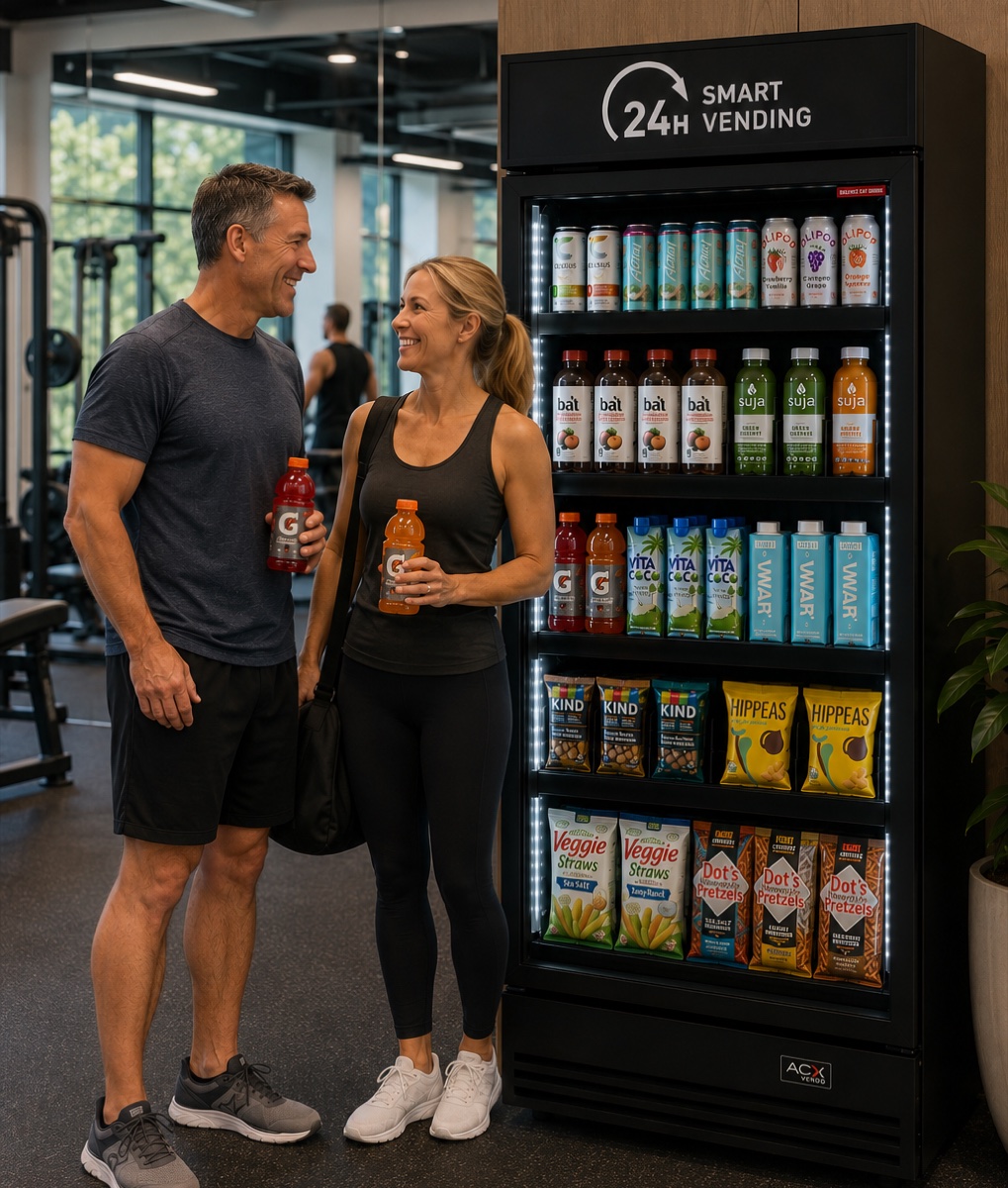 Two gym members grabbing drinks from a Carroll Family Vending smart cooler at a fitness club
