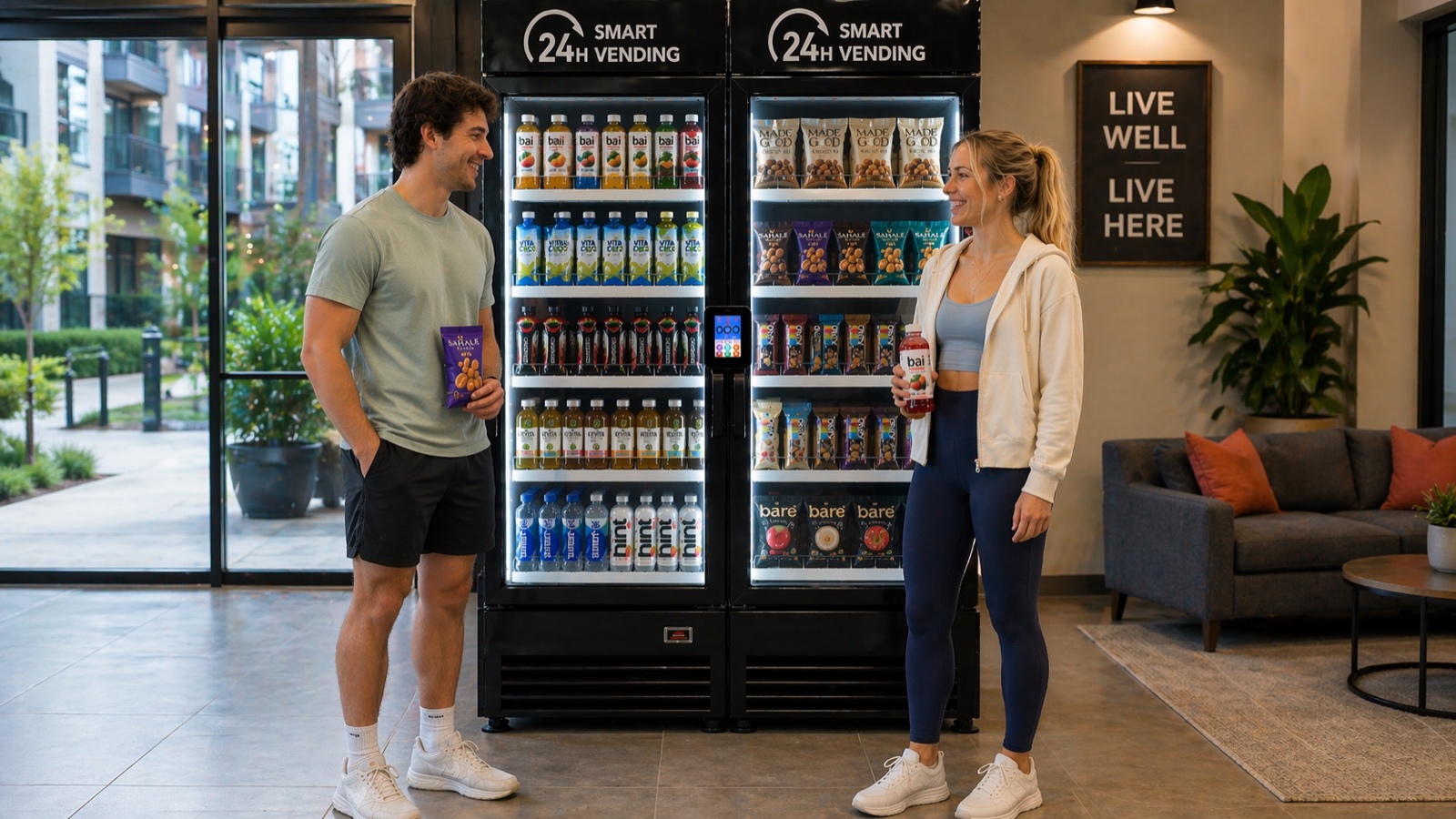Two people chatting beside a Carroll Family Vending smart cooler in a modern apartment lobby
