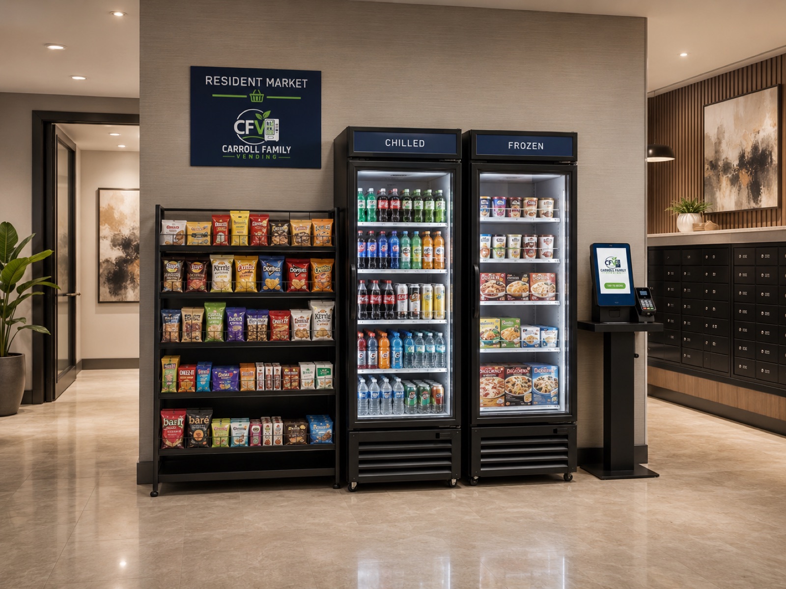 A Carroll Family Vending micro market with open snack shelving, chilled and frozen coolers, and self-checkout