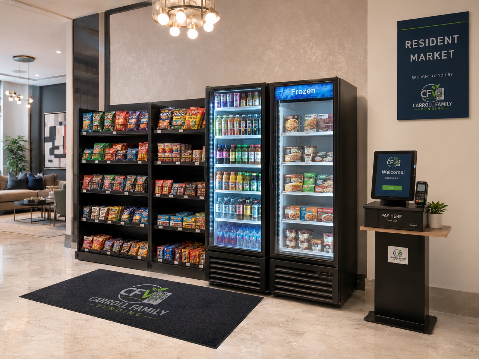 Resident micro market with open snack shelving, chilled and frozen glass-door coolers, branded floor mat, and pay-here checkout station